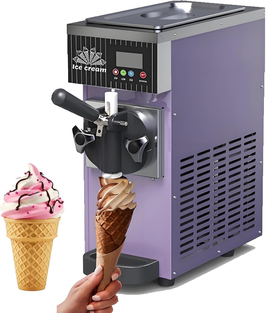 Commercial Ice Cream Maker,4-5L/H Yield,450W Countertop Soft Serve Machine with LCD Panel Puffing Shortage Alarm,Yogurt Maker for Restaurant Snack Bar, 3.5L Capacity Purple