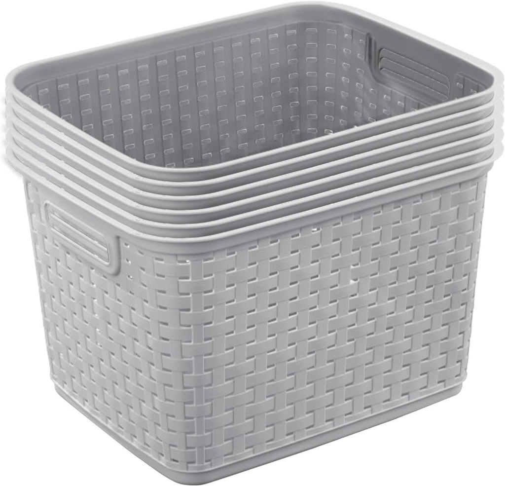 Sterilite 6-Pack Tall Weave Basket, Wicker-Style Plastic Open Storage Bin, Cement Gray - Multi-Purpose Decorative Organizer for Laundry Area, Shelves, Closets, Pantries, Living Rooms or Offices