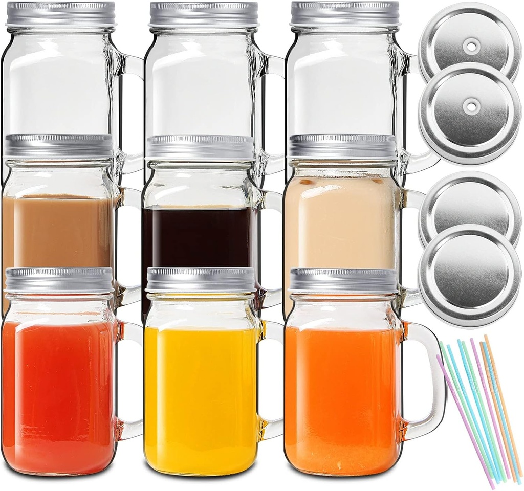 16 Oz Mason Jar Cups With Handle and Lids, Drinking Glass Iced Coffee Cups Set, Glass Mason Jar Mugs with Straw Hole for Juice, Kombucha, Tea,coffee, Smoothie –9 Pack