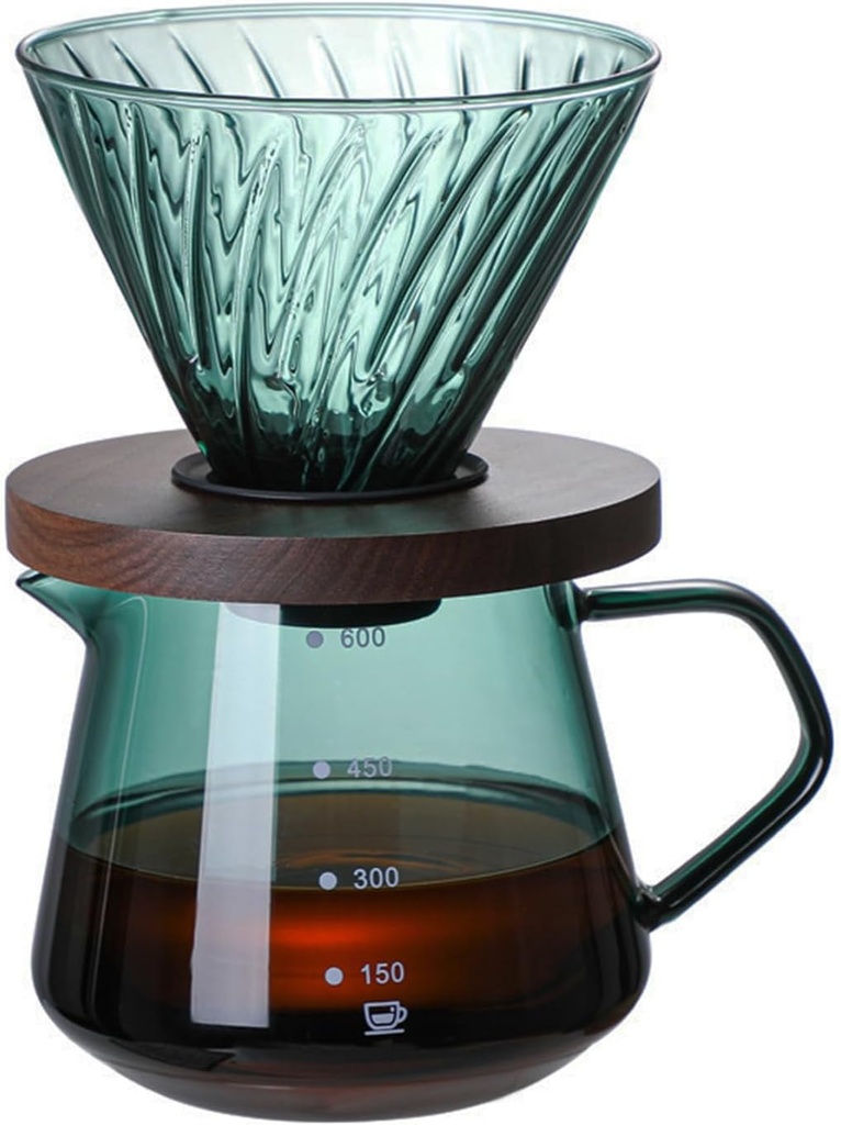 Pour Over Coffee Maker Set, 600ML Glass Carafe Coffee Server with Dripper Set, V60 Glass Coffee Filter with Wood Base for Home Office Gift, 1-4 Cups
