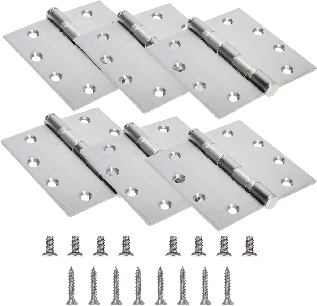 6-Pack 4.5 inch X 4.5 inch Heavy Duty Commercial Door Hinge Thickened, with Silent Steel Plain Ball Bearing, Thickness 3 mm Stainless Steel Door Hinges, Square Corners with 48 Screws, Silver