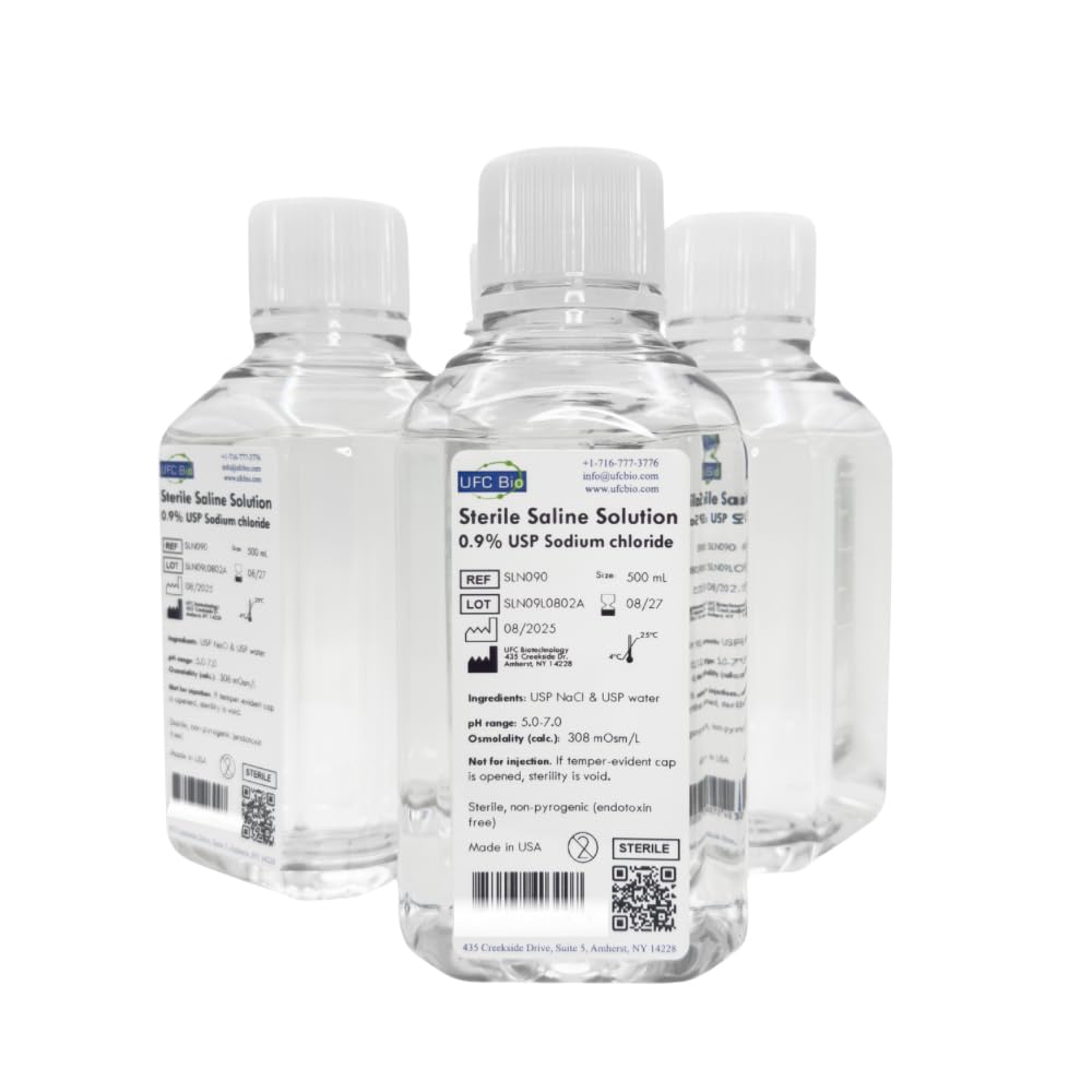 Sterile Saline Solution, 0.9% - USP Grade - 0.05μm Filtered and Sterile - Made in USA - Four Pack: 4x500mL Bottles (2000mL Total)