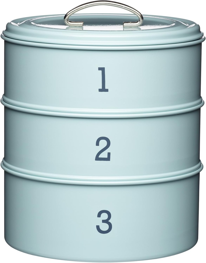 Kitchen Craft Living Nostalgia 3-Tier Metal Cake Storage Tin, 22 x 27 cm (8.5 x 10.5 Inches) - Vintage Blue