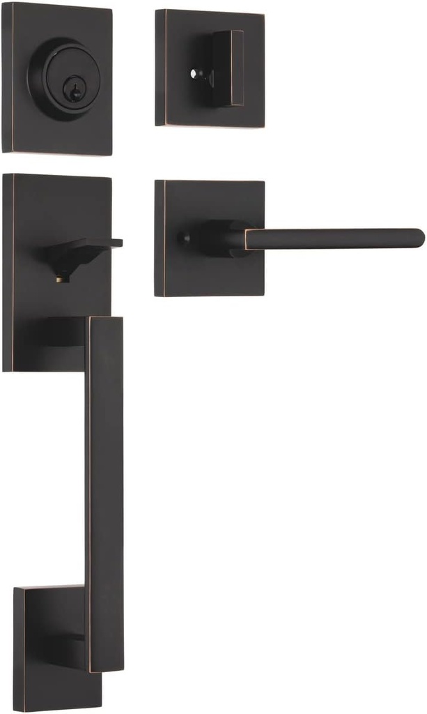 Single Door Handle Set with Single Cylinder Deadbolt, Rectangular Adjustable Entry Door Lock Set (Arch Lever, Oil Rubbed Bronze)