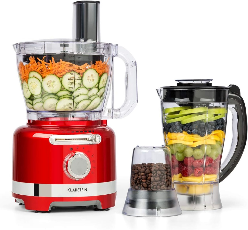 Klarstein Luca Multi-Function Mixer Blender Chopper Kitchen Grater Juicer Food Processor, 1000 Watt, Stepless, 6 Levels, BPA Free, 3 Litres, 3 L Measuring Cup, Spatula, Red