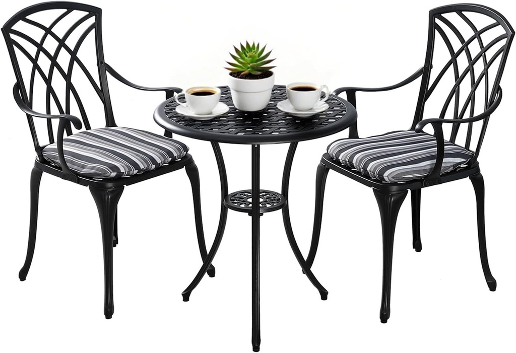 3 Piece Patio Bistro Set, Cast Aluminum Dining Table Set, All Weather Outdoor Round Metal Table with Umbrella Hole and Chairs Set of 2 with Cushion for Outside Garden, Black