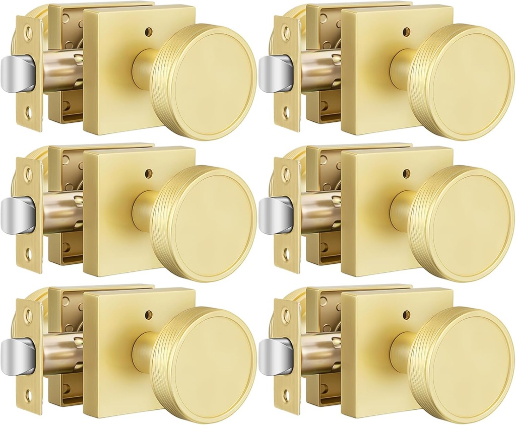 goldenwarm Gold Door Knobs Interior, Brushed Gold Door Knobs Square Privacy Door Knob for Bedroom Bathroom, Modern Heavy Duty Interior Doorknobs - 6 Pack Zinc-Alloy