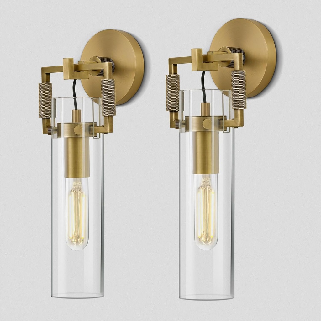 Modern Gold Indoor Wall Sconces Set of 2, 15'' knurled Brass Bathroom Wall Sconces, Glass Bathroom Vanity Light, for Living Room, Bedrooms, Hallway, Staircases, Include Bulb