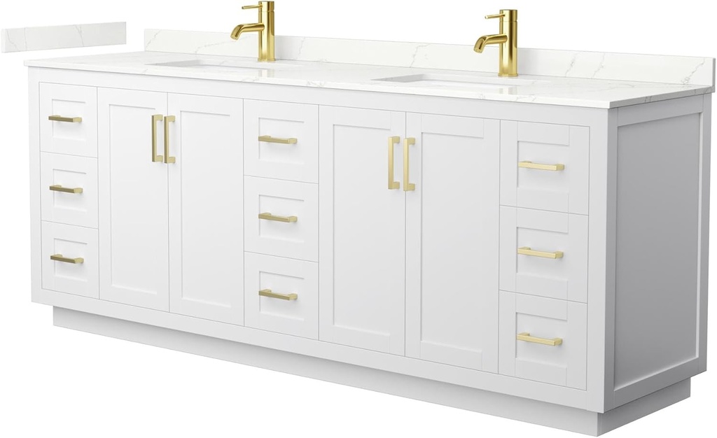 Wyndham Collection Miranda 84 Inch Double Bathroom Vanity in White, Giotto Quartz Countertop, Undermount Square Sinks (1-Hole), Brushed Gold Trim