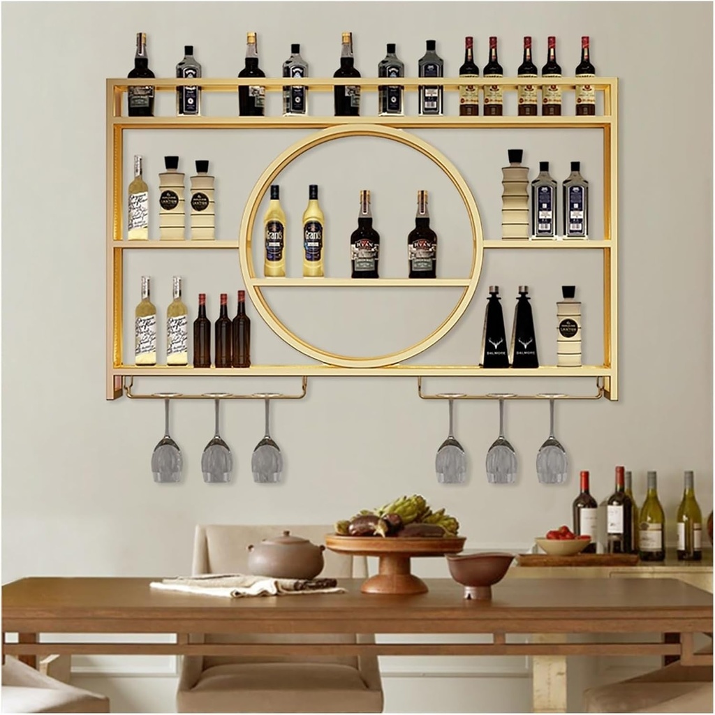 Wine Rack Wall Mounted with LED Light with Wine Glass Holder,Iron Wine Shelf,Floating Bar Shelves,Liquor Bottle Display Shelf,Bar Cabinet for Home Kitchen Wine Cellar,Gold/Black(Color:Gold,