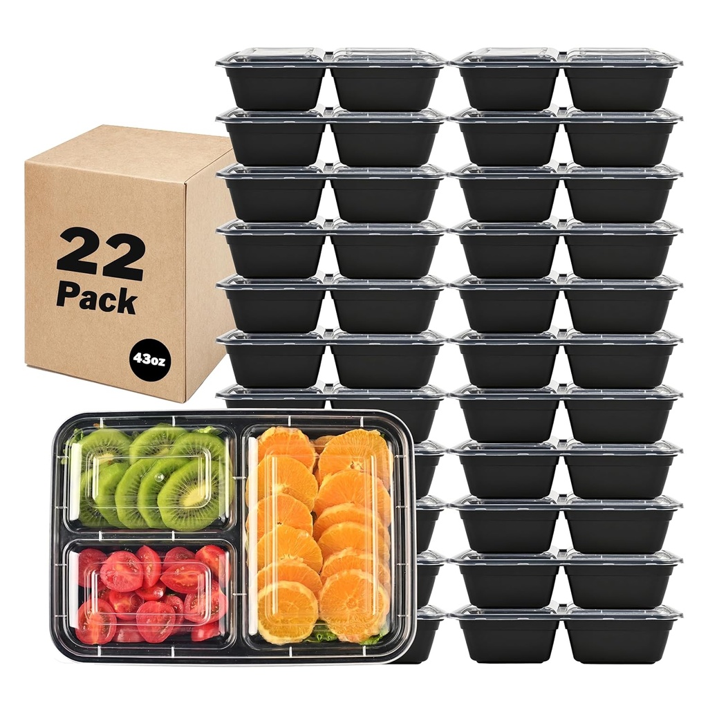 22 Pack Meal Prep Containers, 43OZ Bento Box, 3 Compartment Divided Food Storage Containers Durable Stackable Reusable, For Microwave/Dishwasher/Freezer（22 Trays & 22 Lids）