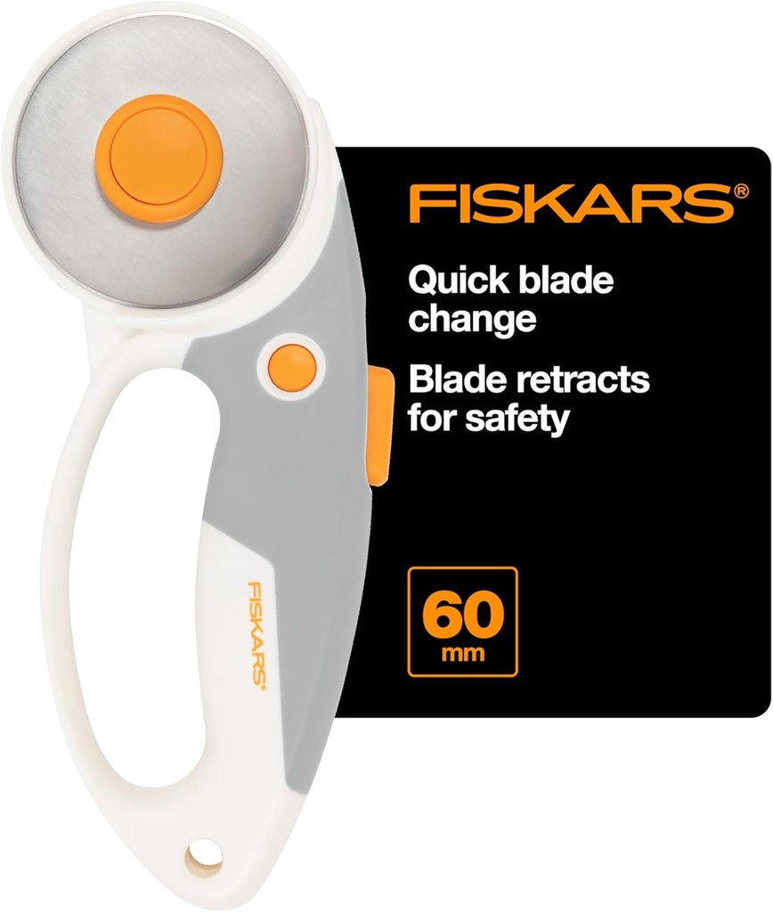 Fiskars 60mm Rotary Cutter for Fabric with Ergonomic Loop Grip And Comfort Handle, Titanium Rotary Fabric Cutter for Thick Materials, Easy and Safe Blade Change, Sewing Supplies and Quilting Tools