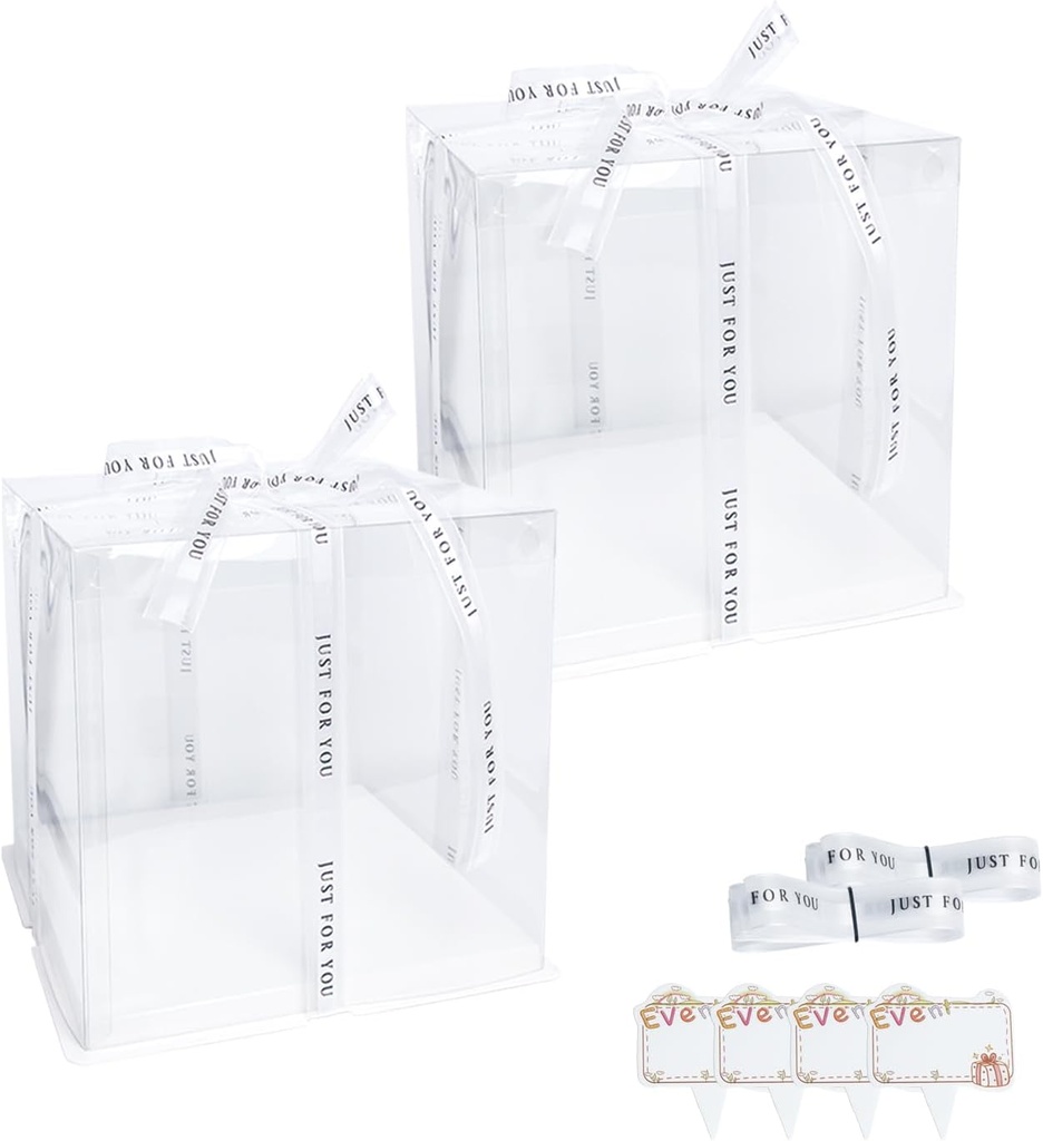 Clear Cake Box, 2 Pcs Transparent Cake Carrier Box with Lids, 4'' PET Cake Packaging Boxes with Ribbon Gift Card for Pastries, Clear Gift Boxes for Birthday, Wedding and Festival Party, White.