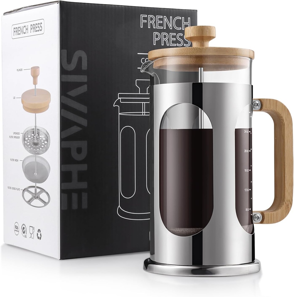 Sivaphe 34 oz French Press Coffee Maker No-Plastic, Borosilicate Glass Bamboo Lid and Handle Coffee Tea Press 8 cup, 1000ml Coffee Milk Forther with Stainless Steel Holder and Resuable Filters