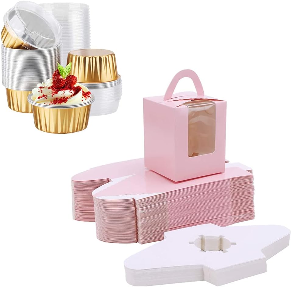 50pcs 5oz Muffin Liners& Pink Single Cupcake Boxes,EUSOAR Single Cupcake Boxes Holders Containers Muffin Gift Boxes, Aluminum Foil Baking Cups Holders with Lids for Wedding Birthday Party Cake Treats