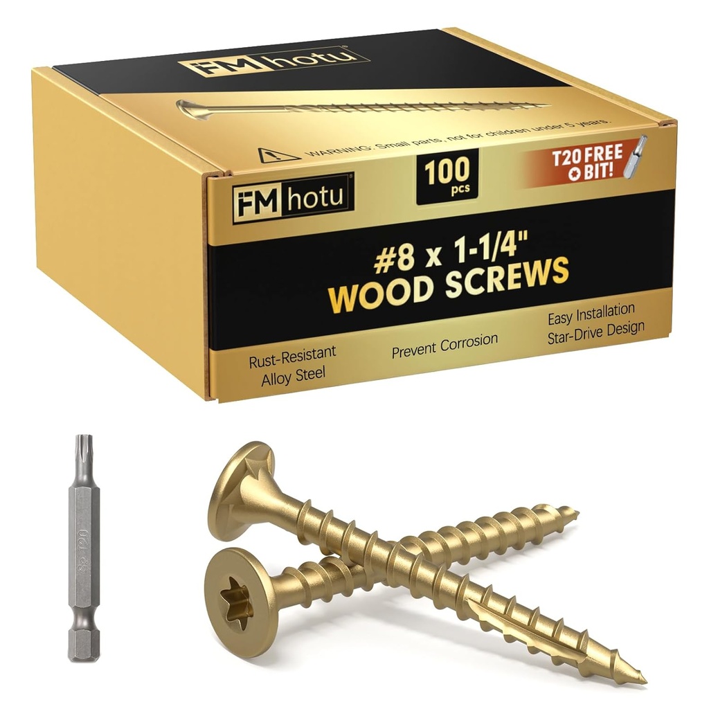 #8 x 1-1/4” Deck Screws, 100Pcs Star Drive Wood Screws, Rust Resistant Timber Screws for Timber/Log/Landscaping Wood, T20 Star Bit Included, Gold