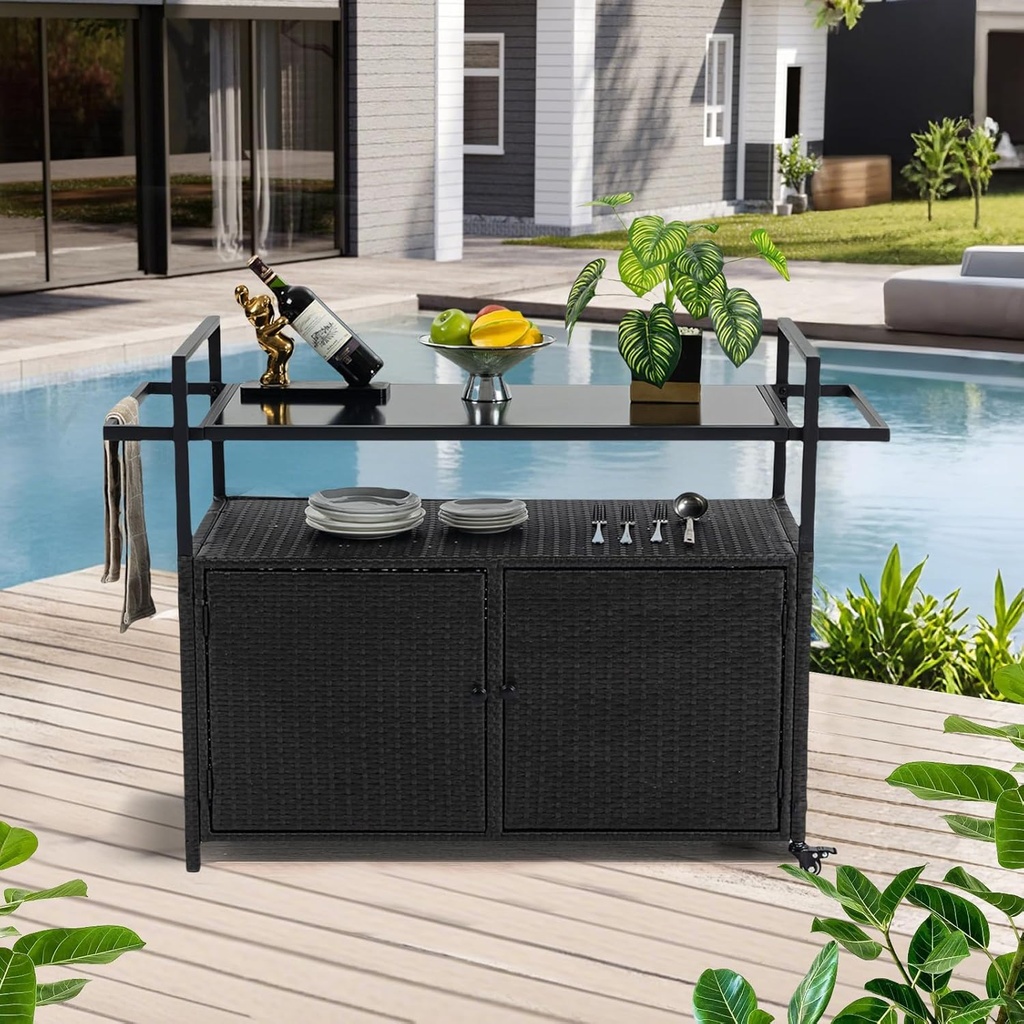 SoarFlash Outdoor Bar Cart with Storage and Wheels, Wicker Bar Table Rolling Rattan Storage Cabinet for Backyard, Poolside, Garden, Black
