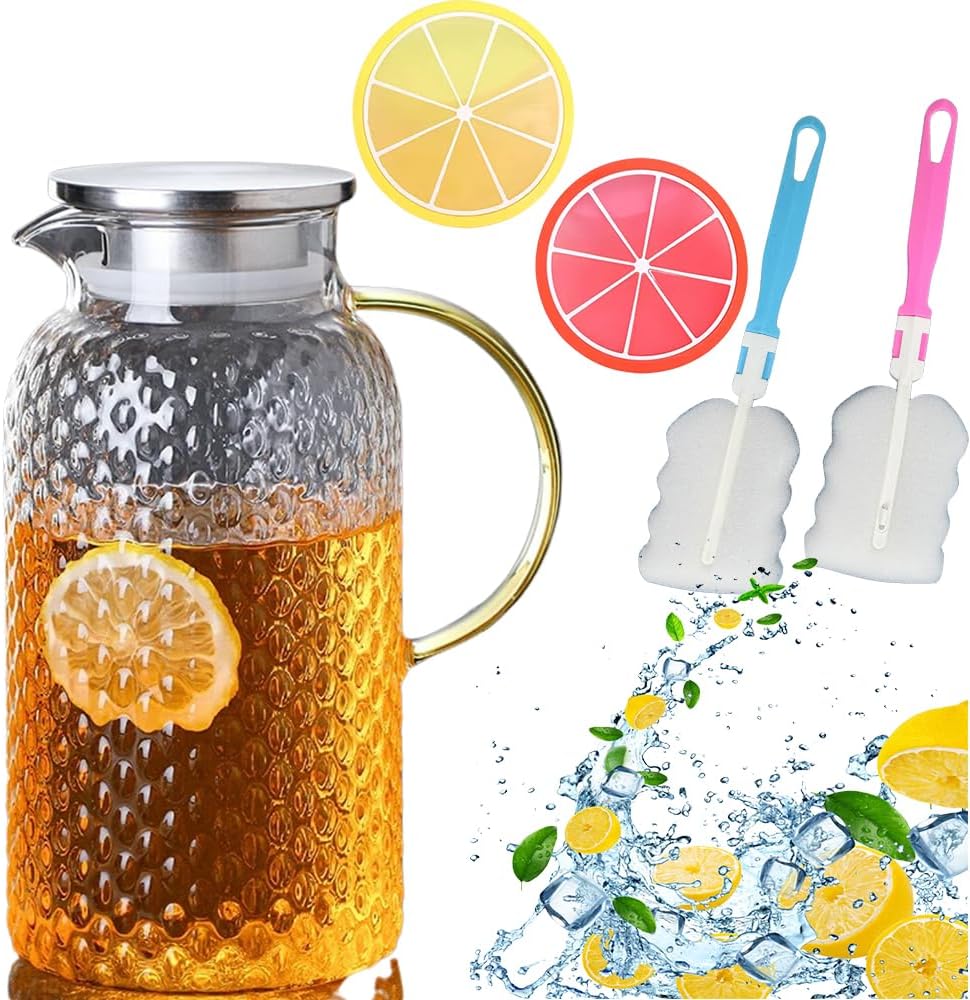 Water Jugs 1.8 Liter 61 oz Glass Pitcher with Lid and Spout, Fycooler Glass Carafe for Hot/Cold Water,Large Iced Tea Pitcher for Coffee,Juice and Homemade Beverage Dispensers Picnic Parties Home Use