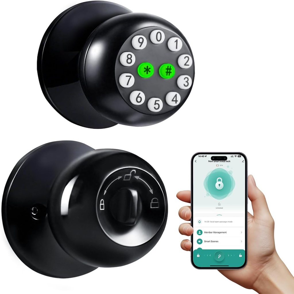 Electronic Keyless Entry Door Knob with Keypad, App Control & Glow-in-The-Dark Keys - for Bedroom, Apartment, Office, Hotel, Garage - Black