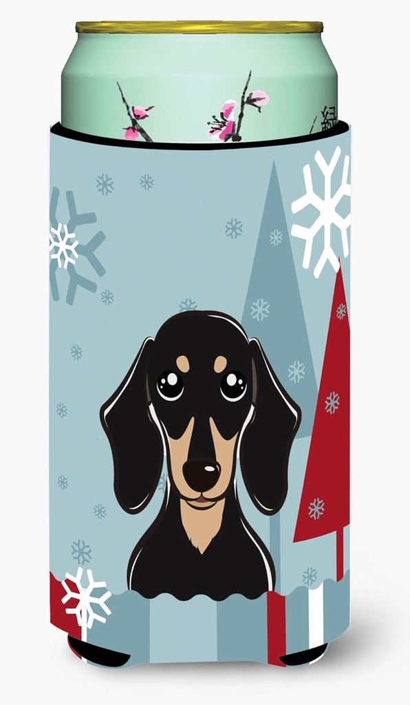 Caroline's Treasures BB1711TBC Winter Holiday Smooth Black and Tan Dachshund Tall Boy Hugger Can Cooler Sleeve Hugger Machine Washable Drink Sleeve Hugger Collapsible Insulator Beverage Insulated Hold