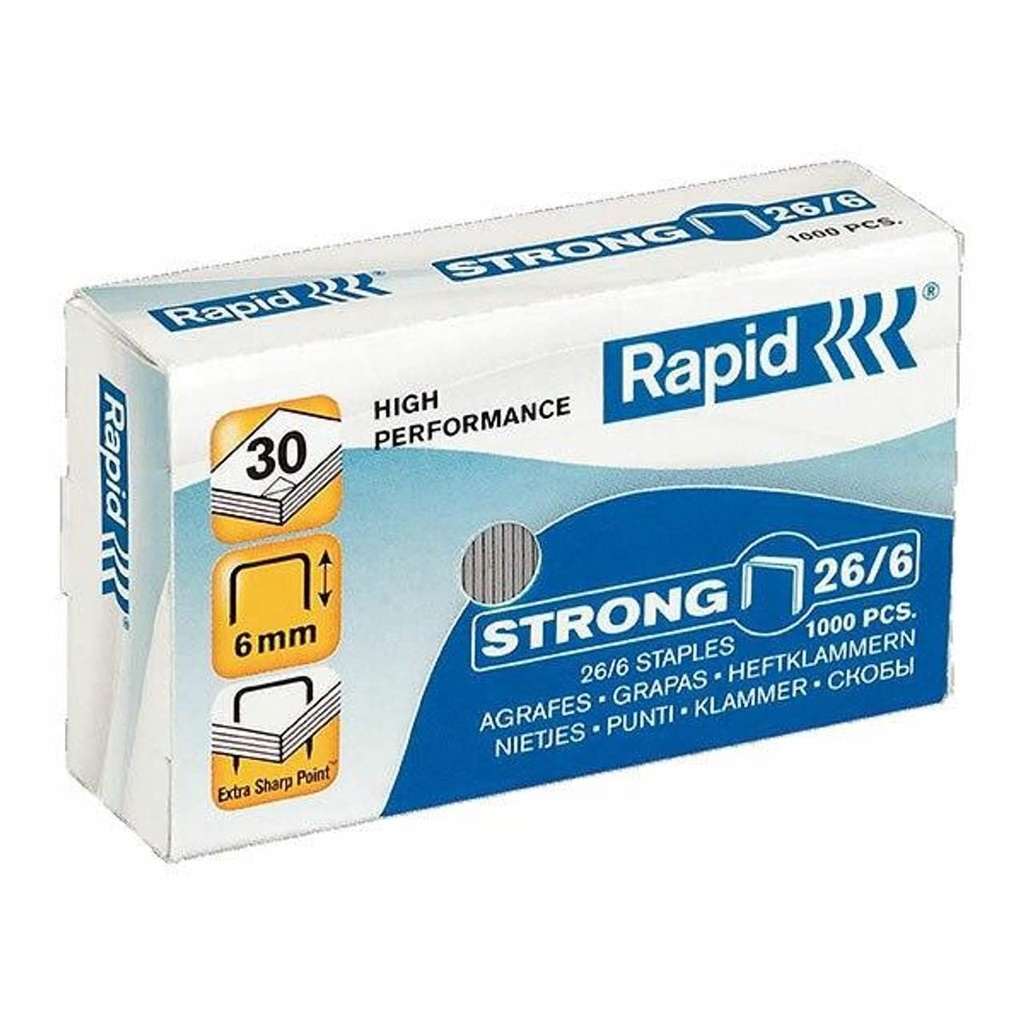 Rapid 26/6mm Strong Staples, for Stapling up to 20 Sheets, Use with Desktop Staplers, Galvanised Wire, Box of 1000, 24861400