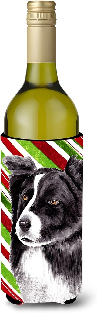 Caroline's Treasures SC9327LITERK Border Collie Candy Cane Holiday Christmas Wine Bottle Hugger Bottle Cooler Sleeve Hugger Machine Washable Collapsible Insulator Beverage Insulated Holder