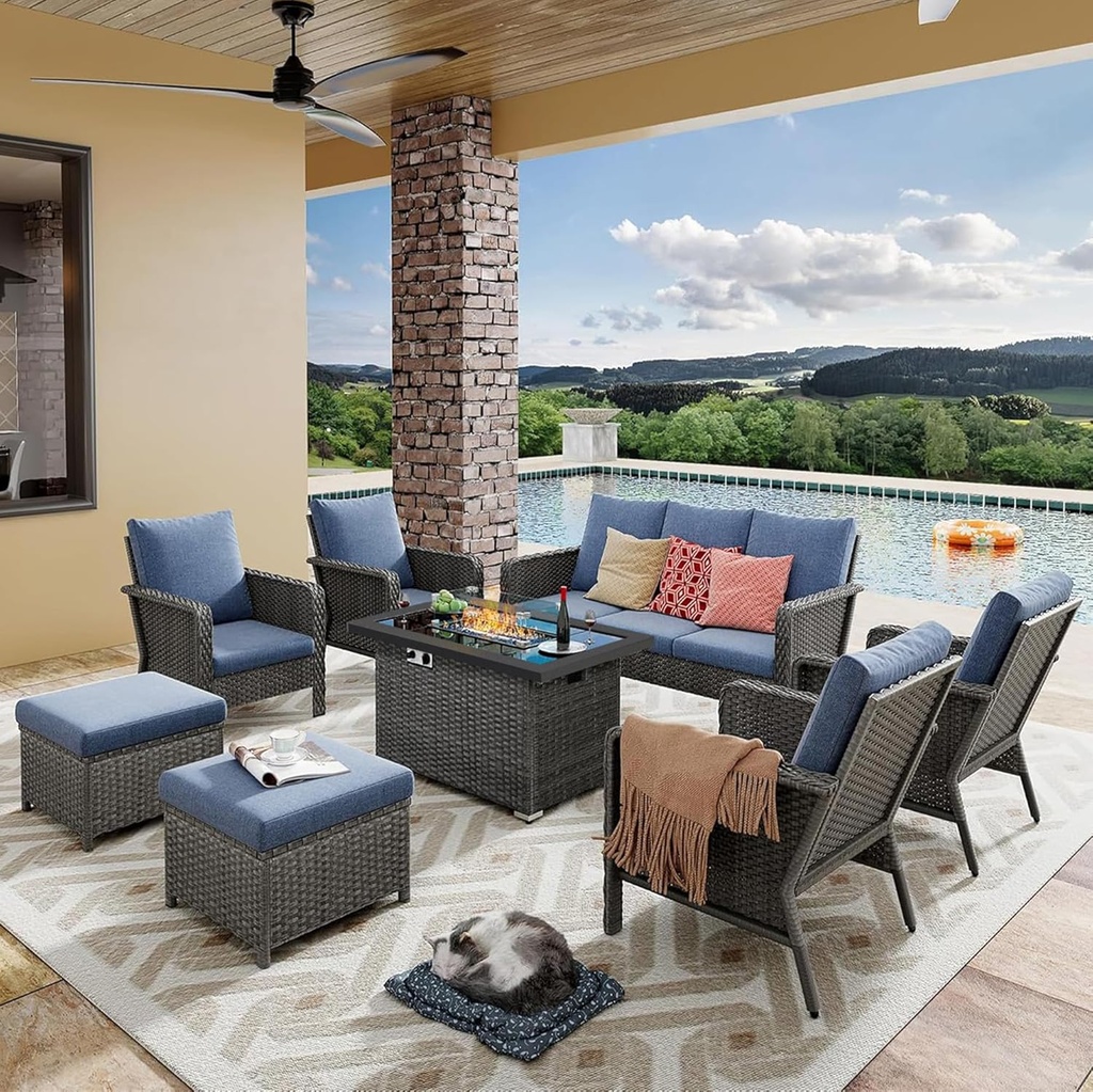 Yechen Patio Conversation Set with 44" Propane Gas Fire Pit Table - 8 Pcs Outdoor Wicker Furniture Set with Lid & Wind Shields - Luxury 9 Seats Sectional Sofa Set for Porch,Backyard