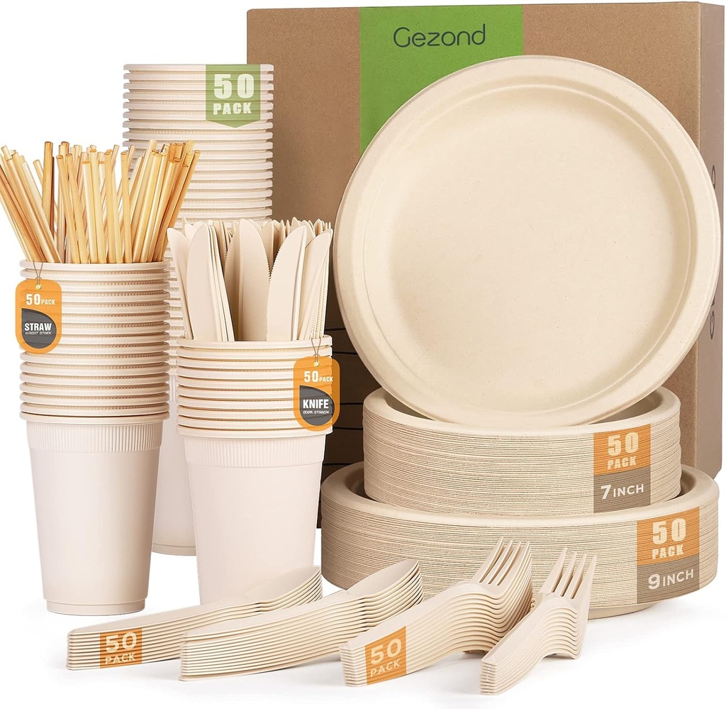 Gezond 350pcs Compostable Paper Plates Set Eco-friendly Heavy-duty Disposable Paper Plates Cutlery Includes Eco-friendly Plate, Forks, Knives, Spoons, Cups and Straws for Wedding Party, 50 Guests