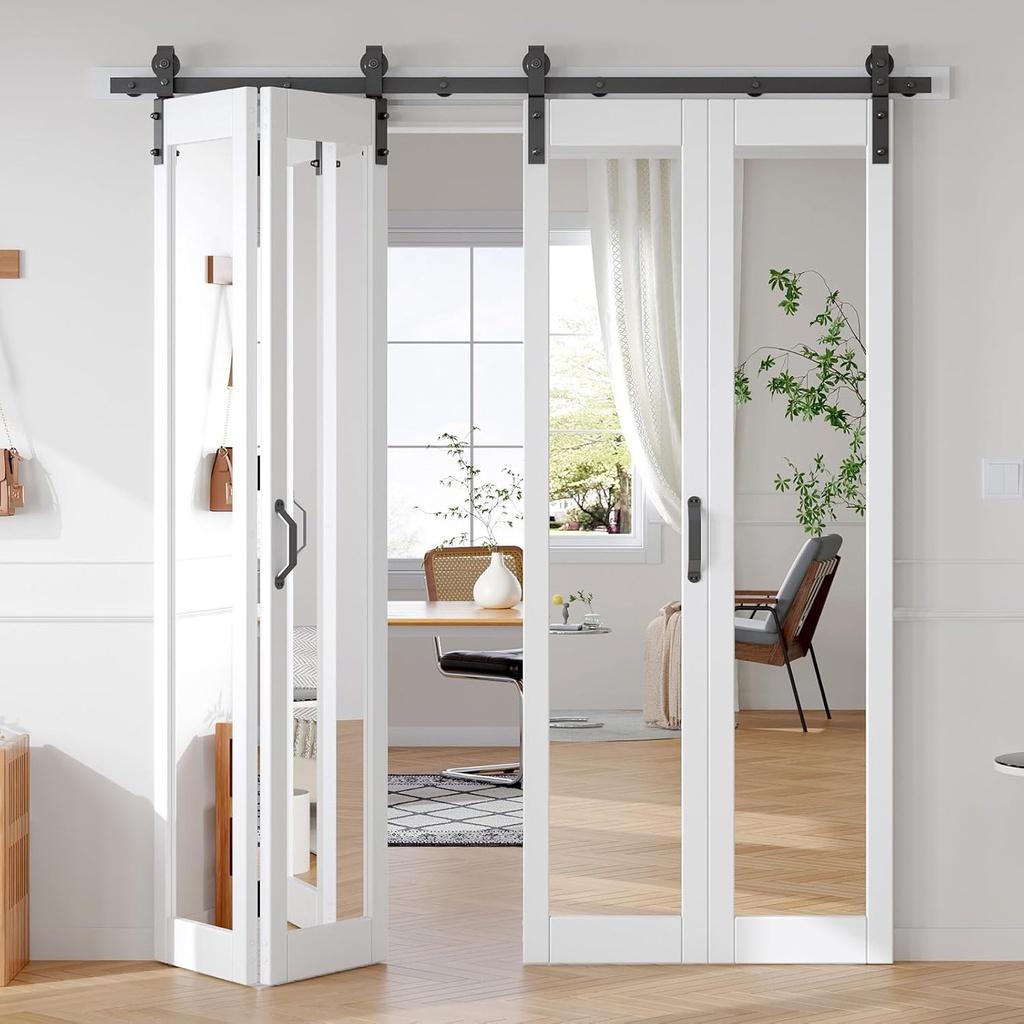 64X84 (16x4) Mirror Bi-fold Barn Door Folding Double Doors with 72" Hardware Kit & Handle,Solid MDF with Water-Proof PVC Surface for Closet,Assembly Required