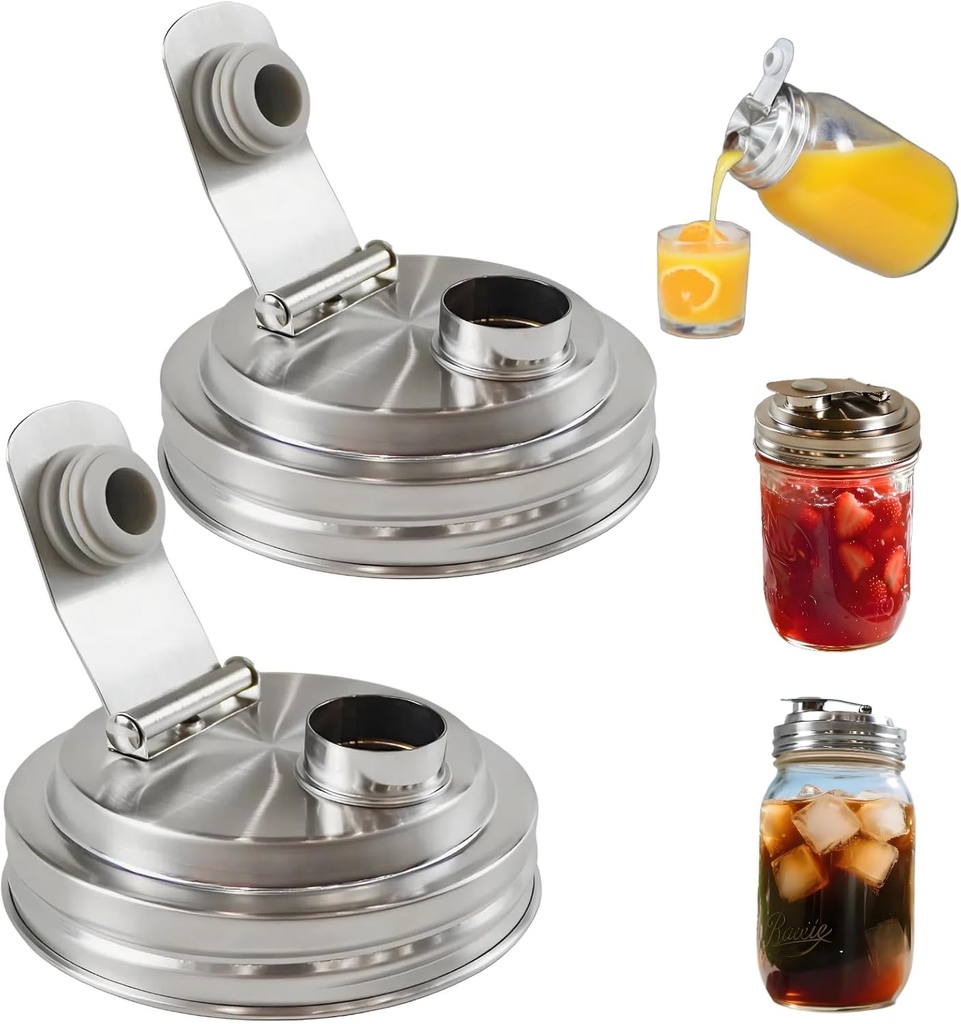 Lid,3.4inch （86mm）wide-mouth Mason jar stainless steel spout lids (handleless), leak-proof, reusable, suitable for drinking, salad dressings, and food storage.(2PCS)