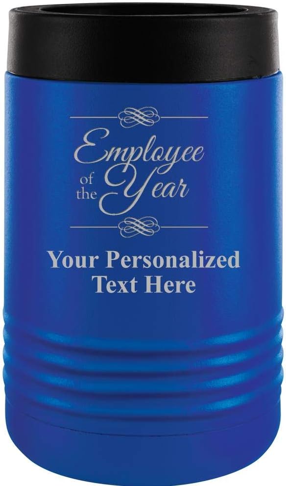 Custom Beverage Holder, 12 oz Blue Personalized Employee Of the Year Insulated Can Cooler Prime