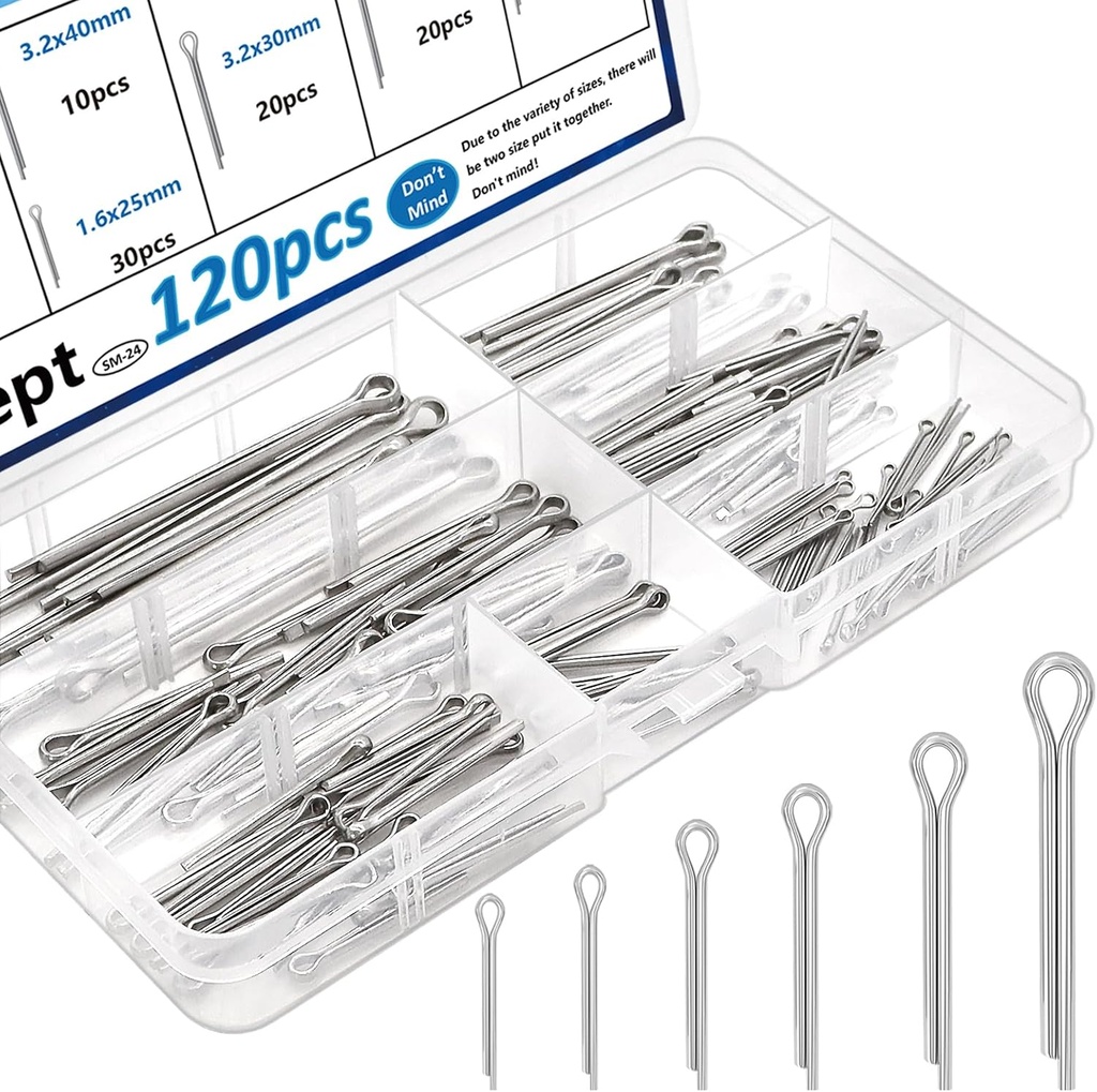 120Pcs Cotter Pins 304 Stainless Steel Cotter Pins Assortment Kit Tractor Pin Used for Hitch Pin Lock System, Trucks, Engine Repair in Towing Hitch Clips & Pins