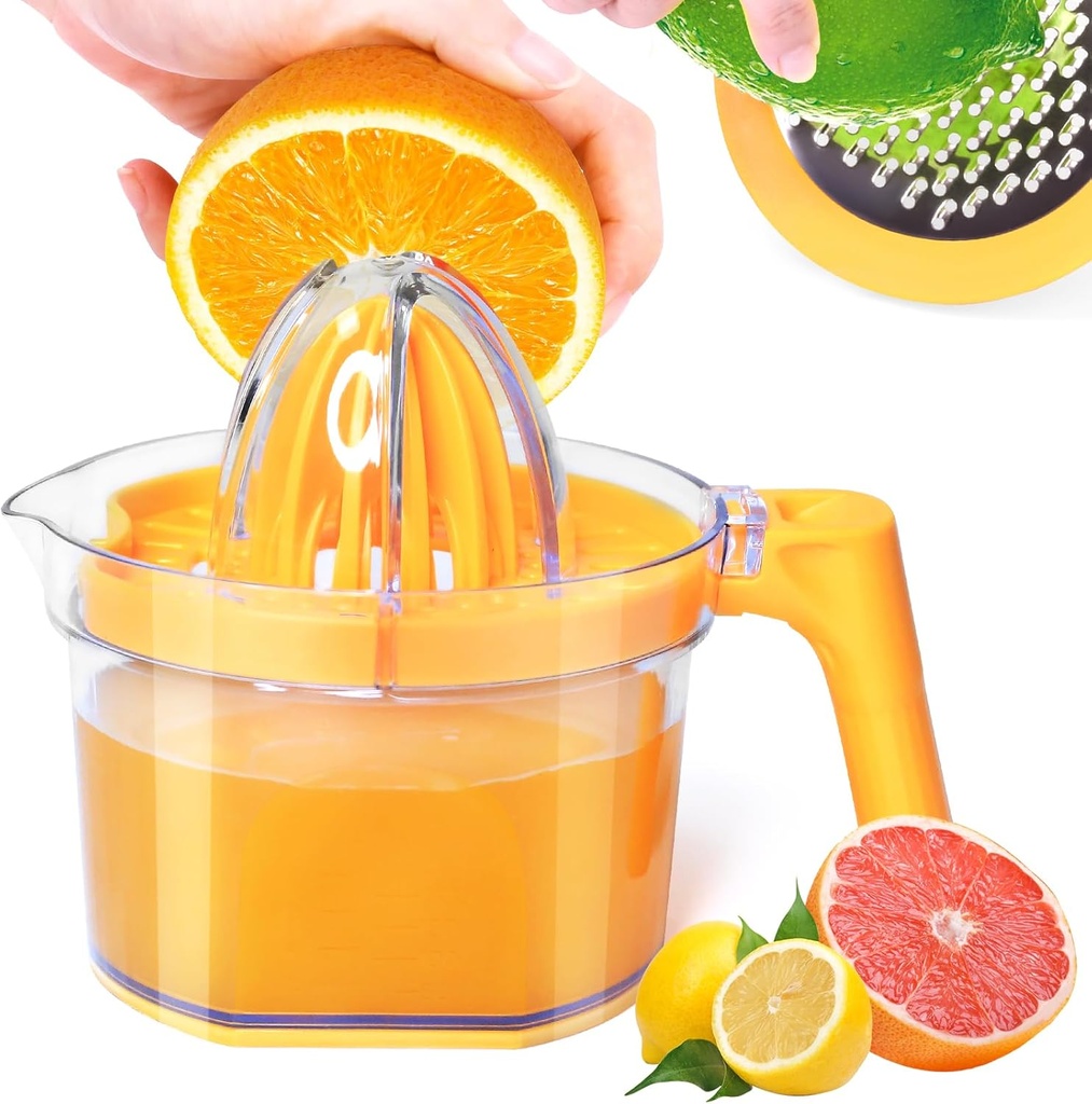 Citrus Juicer 4-in-1 Manual Juicer, ChefVille MJ02 Multifunctional Hand Juicer, Lemon Lime Squeezer with Comfortable Grip Handle, 16.9-Ounce Capacity Orange Juicer (ORANGE)