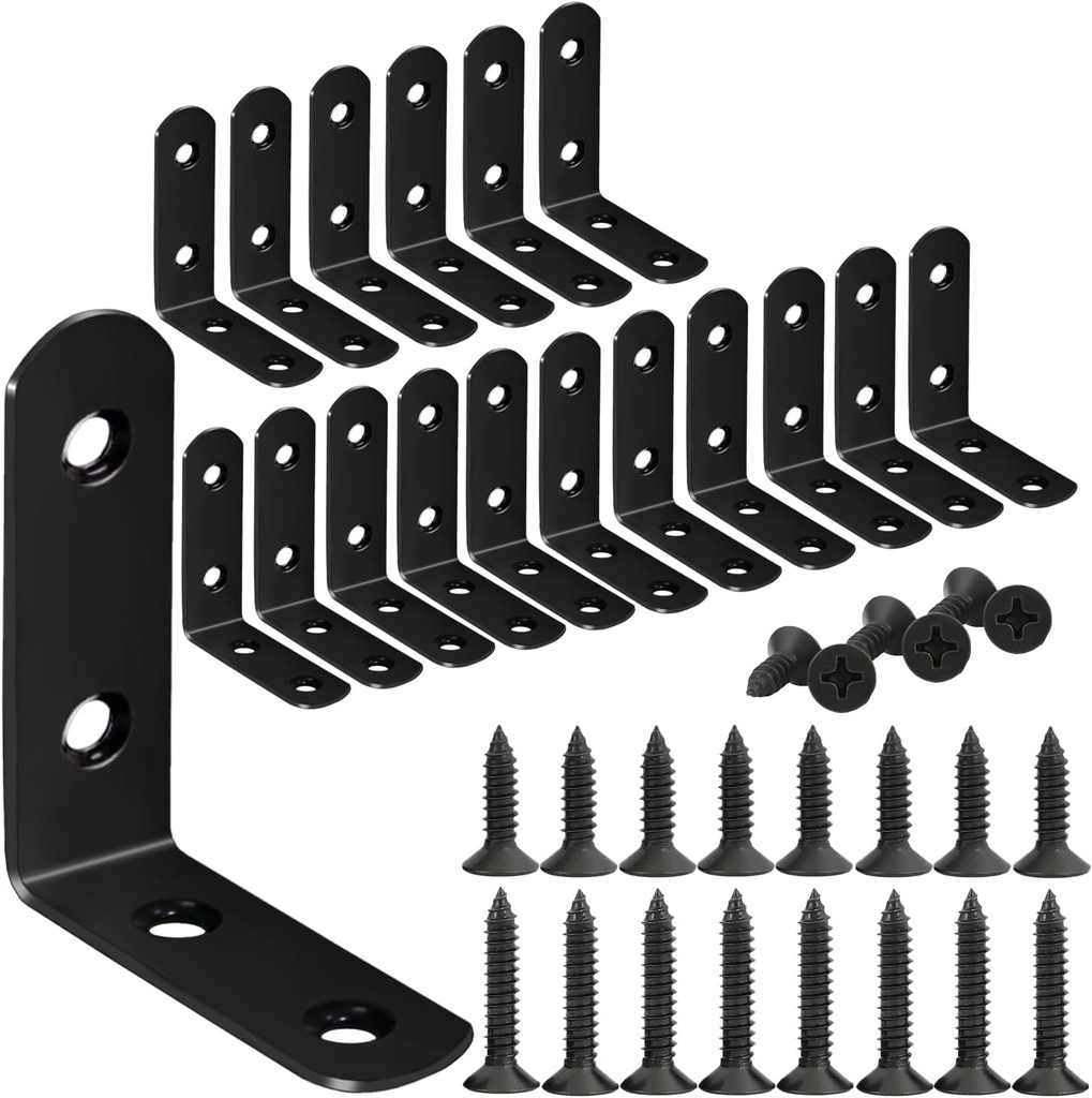 18-Pack L Shape Corner Brackets, Stainless Steel Metal Angle Braces for Wood Furniture, Heavy Duty Black 2 inch Shelf Bracket with Long Screws for Household Project (L Shape Black)