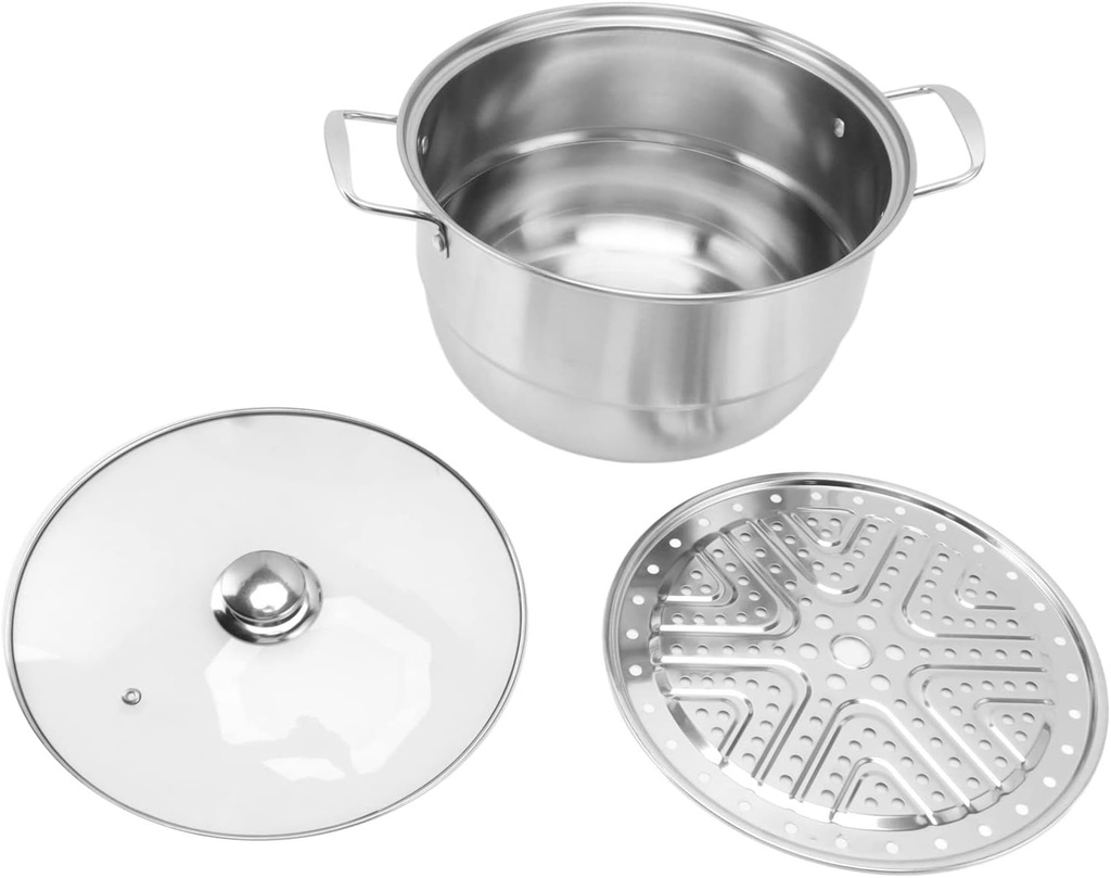 Stainless Steel Steam Pot,Steamer for Cooking,Multipurpose Thickened Food Steamer Multi Layer Large Capacity Martensite Steaming Pot with Glass Lid(Double layer)