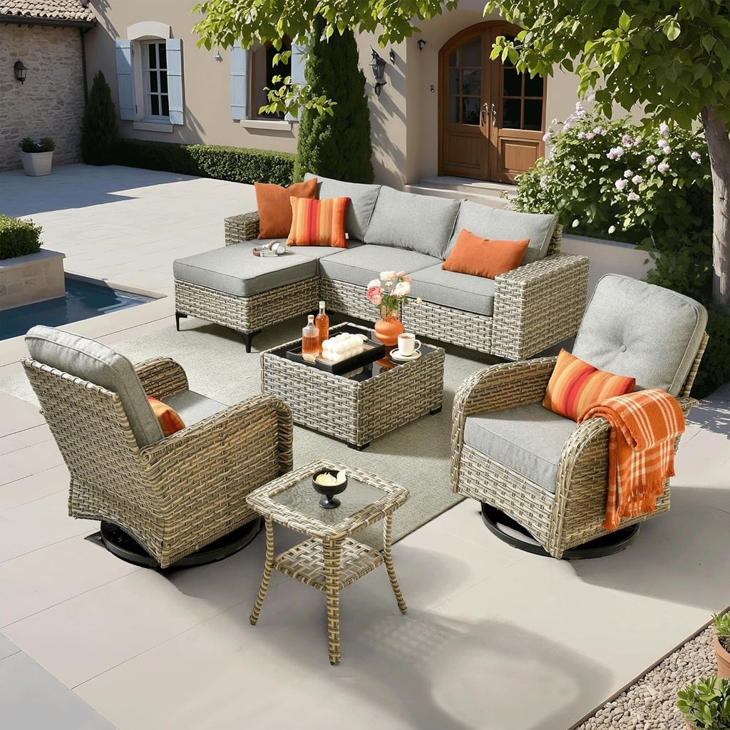 Outdoor 8 Pieces Patio Furniture Set Featuring Wicker Rattan Sectional Sofa, Swivel Rocking Chairs with Comfy Deep Seat Cushions, Modular Conversation Couch Set for Patio, Deck, and Garden Space