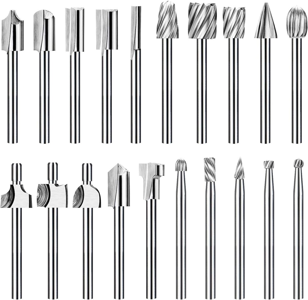 Wood Carving Bits Router Carbide Engraving Bits for Dremel Rotary Tools with 1/8" Shank, 20 Pcs HSS Different Burr Set to Meet Your Different Needs, Durable DIY Woodworking Rotary Tools Accessories