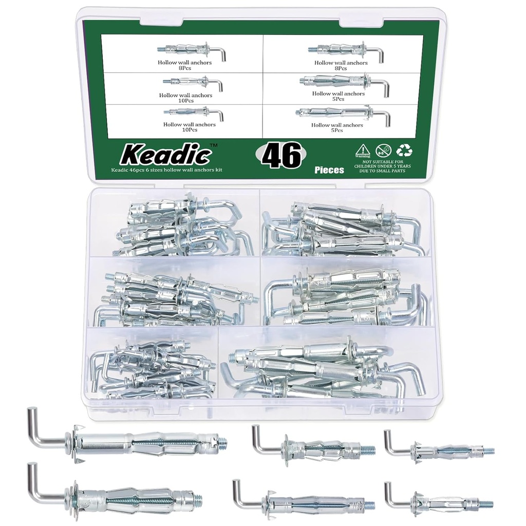 Keadic 46Pcs 6 Sizes Hollow Wall Anchor Screw Assortment Set, M4*32, M4*38, M5*37, M5*52, M6*52,M6*65, Heavy Duty Zinc Plated Steel Molly Bolts for Plasterboard Fixing (L Style)