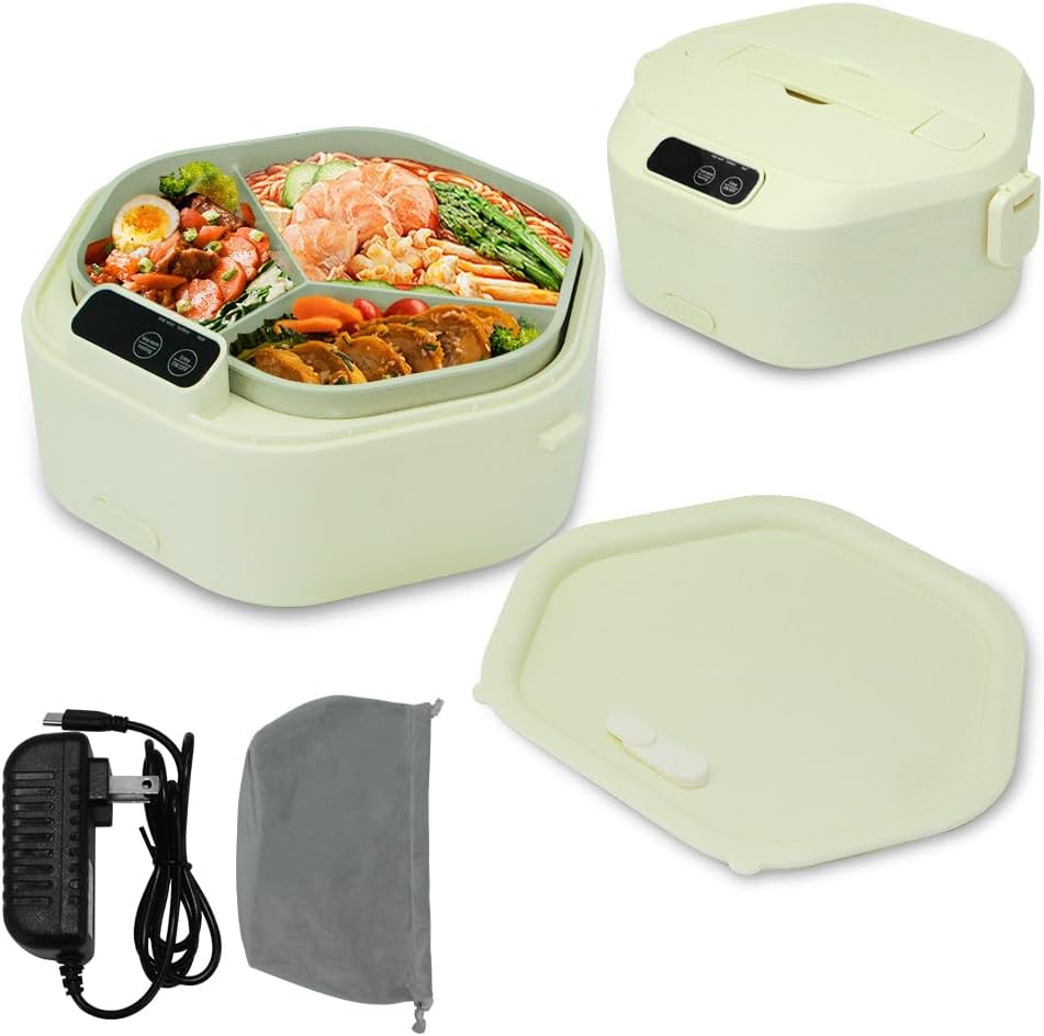 Cordless Electric lunch box, Battery Powered Heated Lunch Box，Food Heate 1L Adjustable heating time Comes three compartments Used for trucks, camping, offices