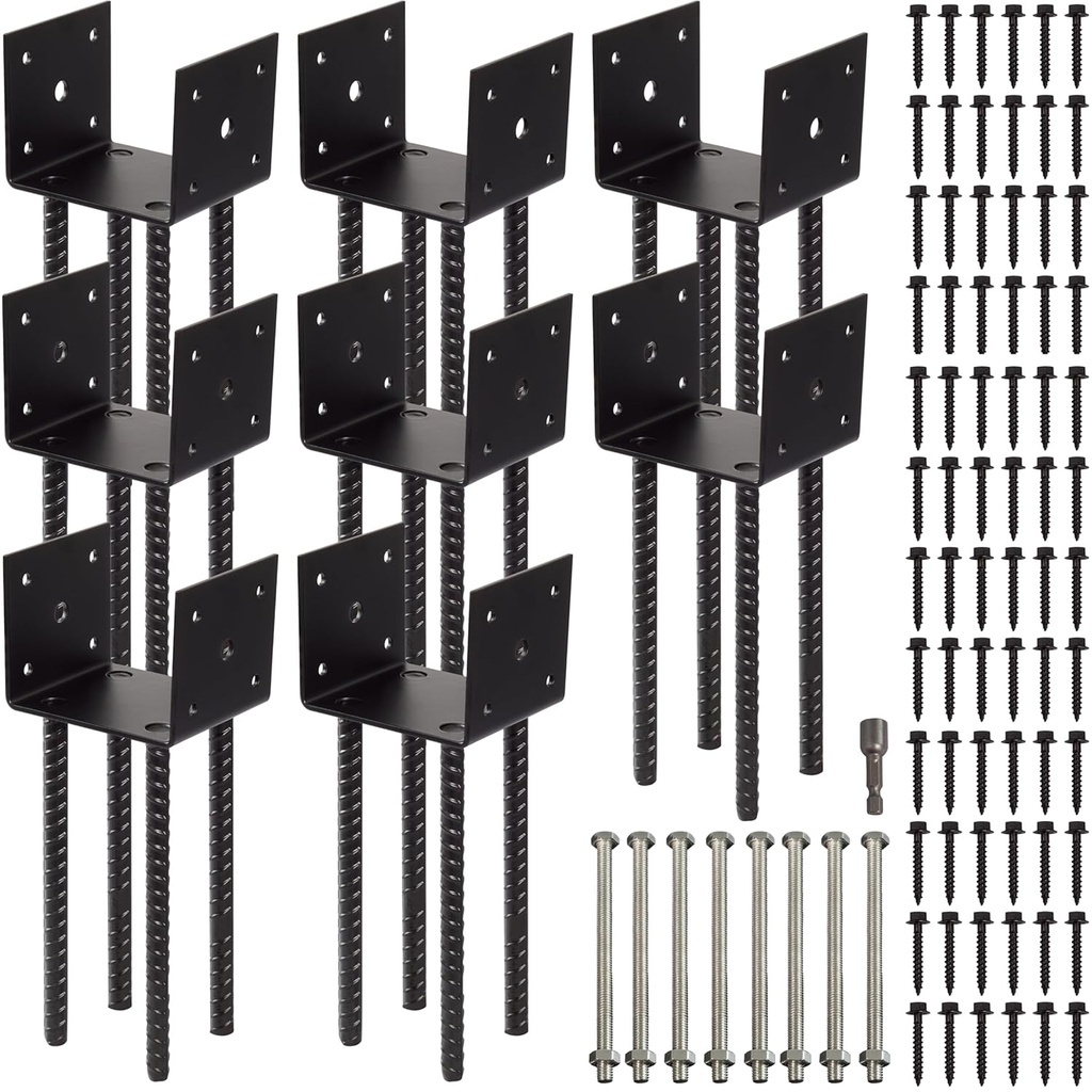 Fence Post Holder Ground Spike Use for Concrete Deck - Post Anchor Metal Black Powder Coated 4 Inches x 4 Inches (Inner Dia 3.5x3.5) 8 Pack