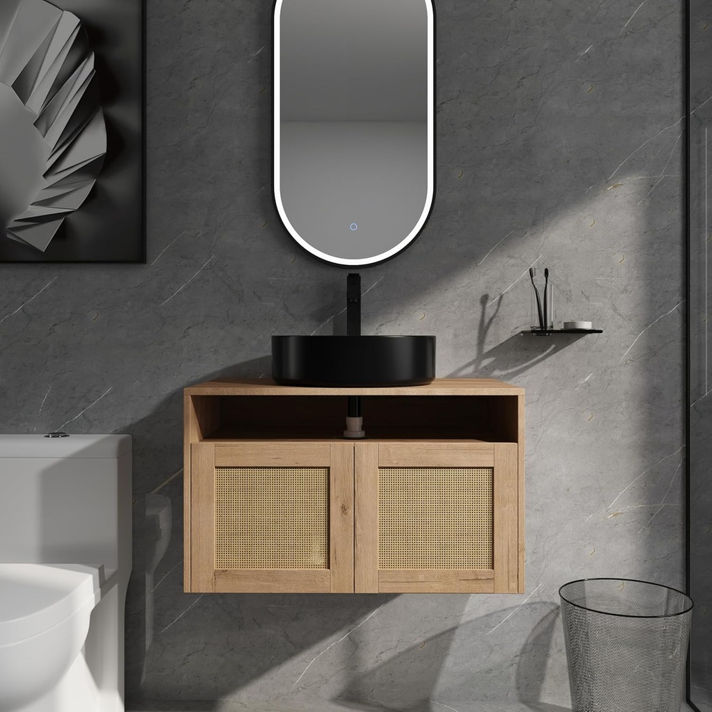 30" Bathroom Vanity, Flaoting Vanity Sinks for Bathrooms, Large Storage Bathroom Sink Cabinet, Engineered Wood Bathroom Cabinet Vanity with Black Ceramic Sink, Soft Close Door, Plywood