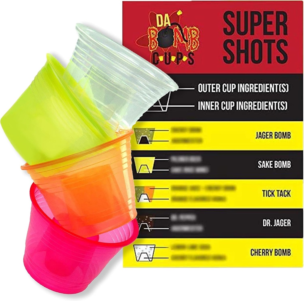 Super Fun Durable Jager Bomb Shot Cups 150pk. 4 Color Disposable and Safe Plastic Cups. Measure Two-Part Bomber Shot Glasses for Great Taste. Best Party Supplies with Recipe Card to Impress Guests!