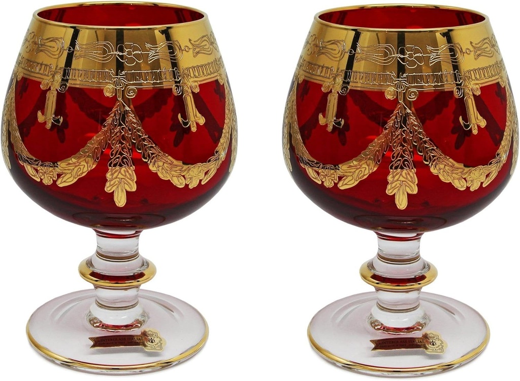 Italy, Red Crystal Cognac Snifters Goblets, Vintage Design, 24K Gold Hand Decorated, 10 Oz, SET OF 2