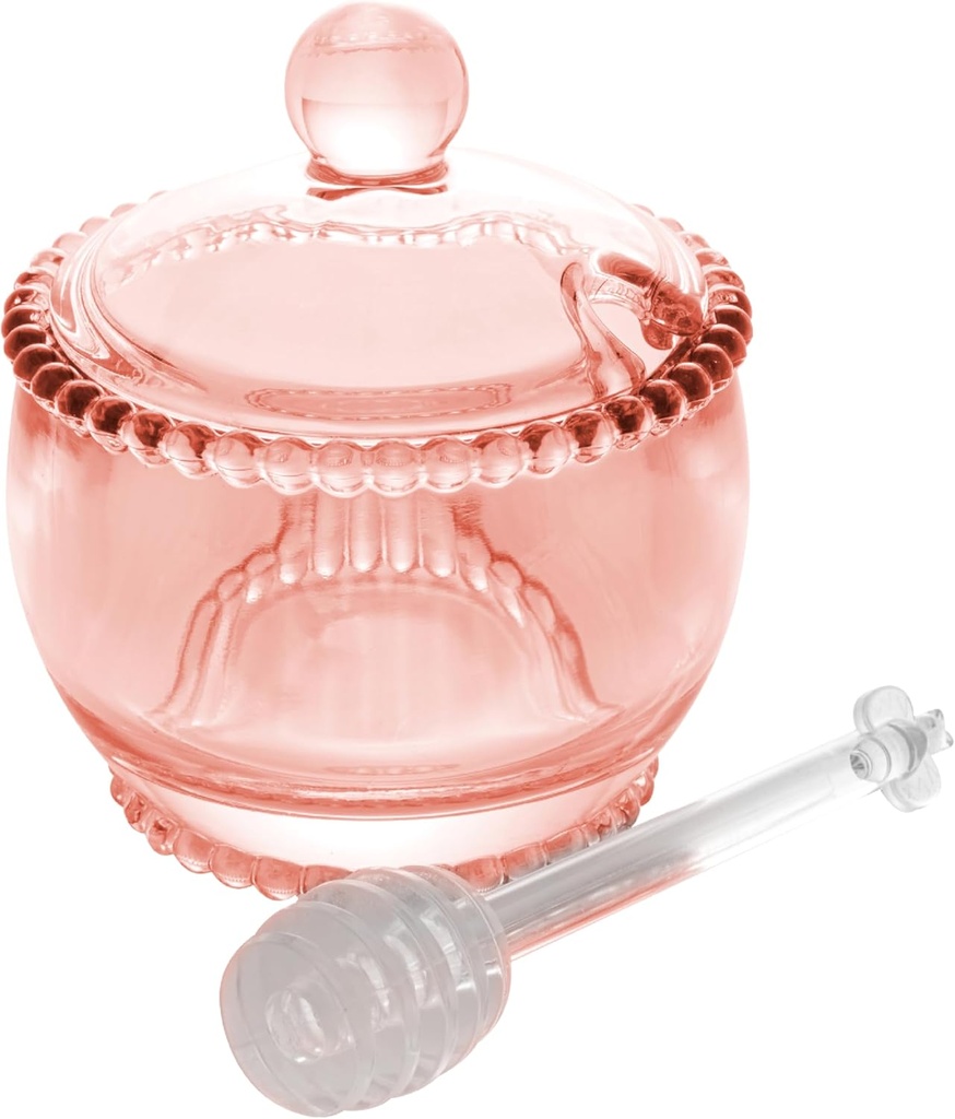 WOLFF - Pink Crystal Honey Pot with Dipper and Lid - Syrup Jar Dispenser, Honey Dish Container, Crystal Kitchen Utensils Set - Pink, 4 x 3 x 2.8 inches - 7oz