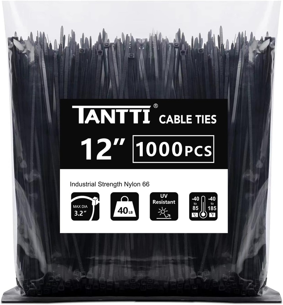 Zip Ties 12 inch, Black Zip Ties 1000 pack, 40lb, Cable Ties, Self-locking Wire ties for indoor and outdoor use, by Tantti