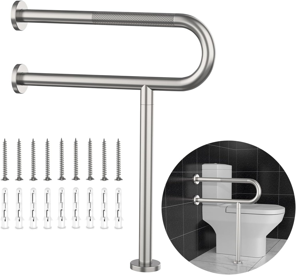 Toilet Grab Bar 23.4 Inch, YuanDe Wall to Floor Brushed Nickel Bathroom Safety Bar w/Anti-Slip Knurled Grip, Stainless Steel Handicap Grab Bar with Leg,Support Bar for Disabled Elderly Pregnant
