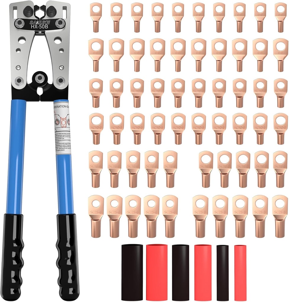 Sanuke Battery Cable Lug Crimping Tool for AWG10-1/0, Wire Crimper with 60pcs Copper Lug Ring Terminal Connectors, 60pcs Heat Shrink Tubing, Electrical Wire Crimping Tool