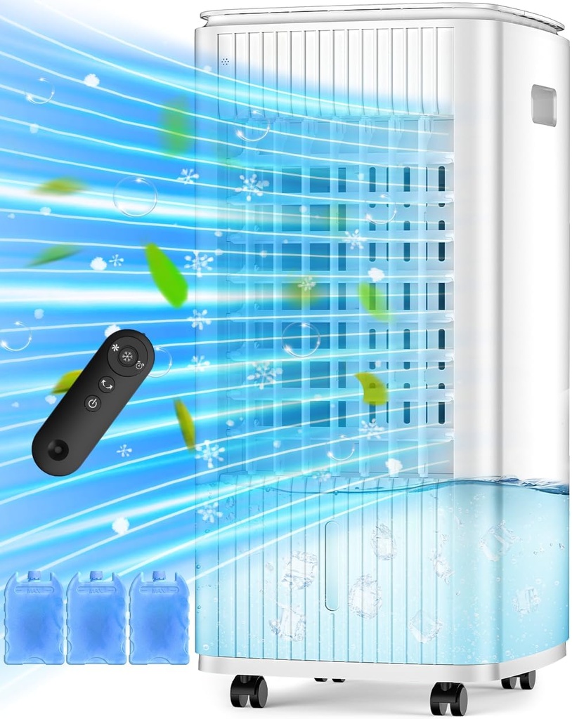 3-IN-1 Windowless Air Conditioner w/Double Tanks, Smart Timer, 3 Ice Packs, 60W Evaporative Air Cooler, 70° Oscillation, 3-Speed 25-INCH Swamp Cooler Air Conditioner Portable for Room