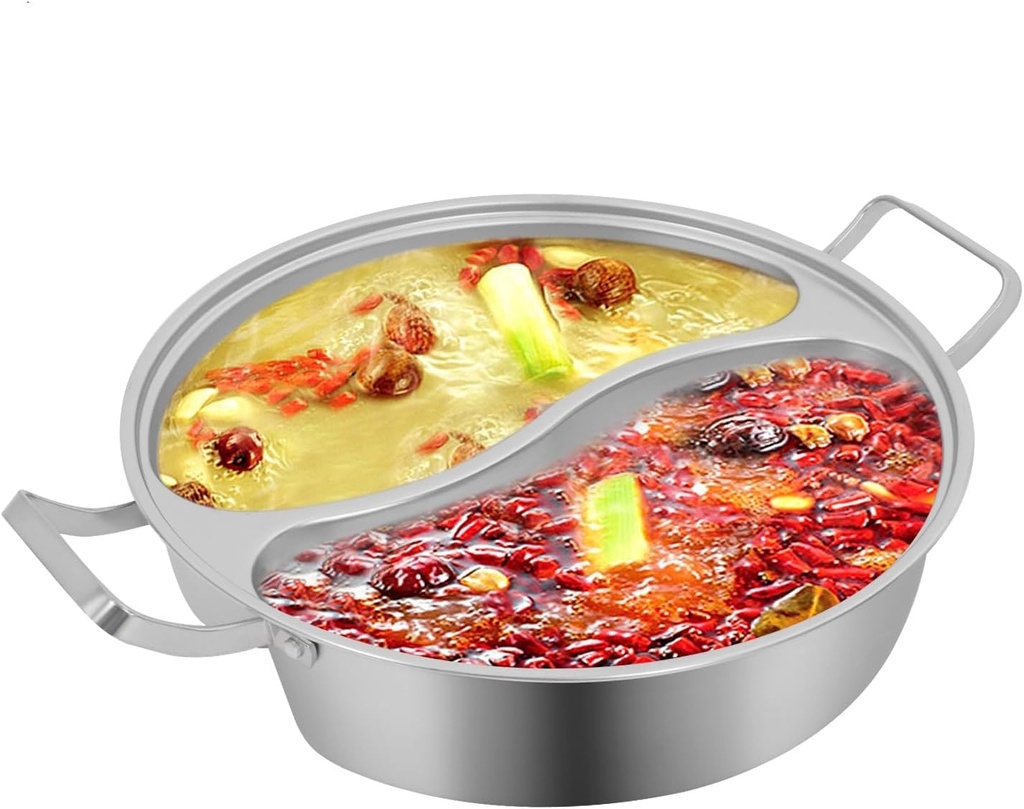 CNCEST Double-flavor Hot Pot, 5L/1.32Gal Hot Pot with Divider, Hots Pots with Clear Lid for Gas Hob, Induction Hob, Electric Ceramic Hobs For 5 Persons (12.6in)