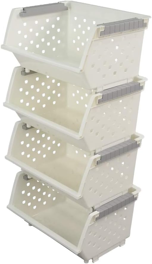 4-Pack White Stackable Storage Basket, Stacking Kitchen Organizer Bins